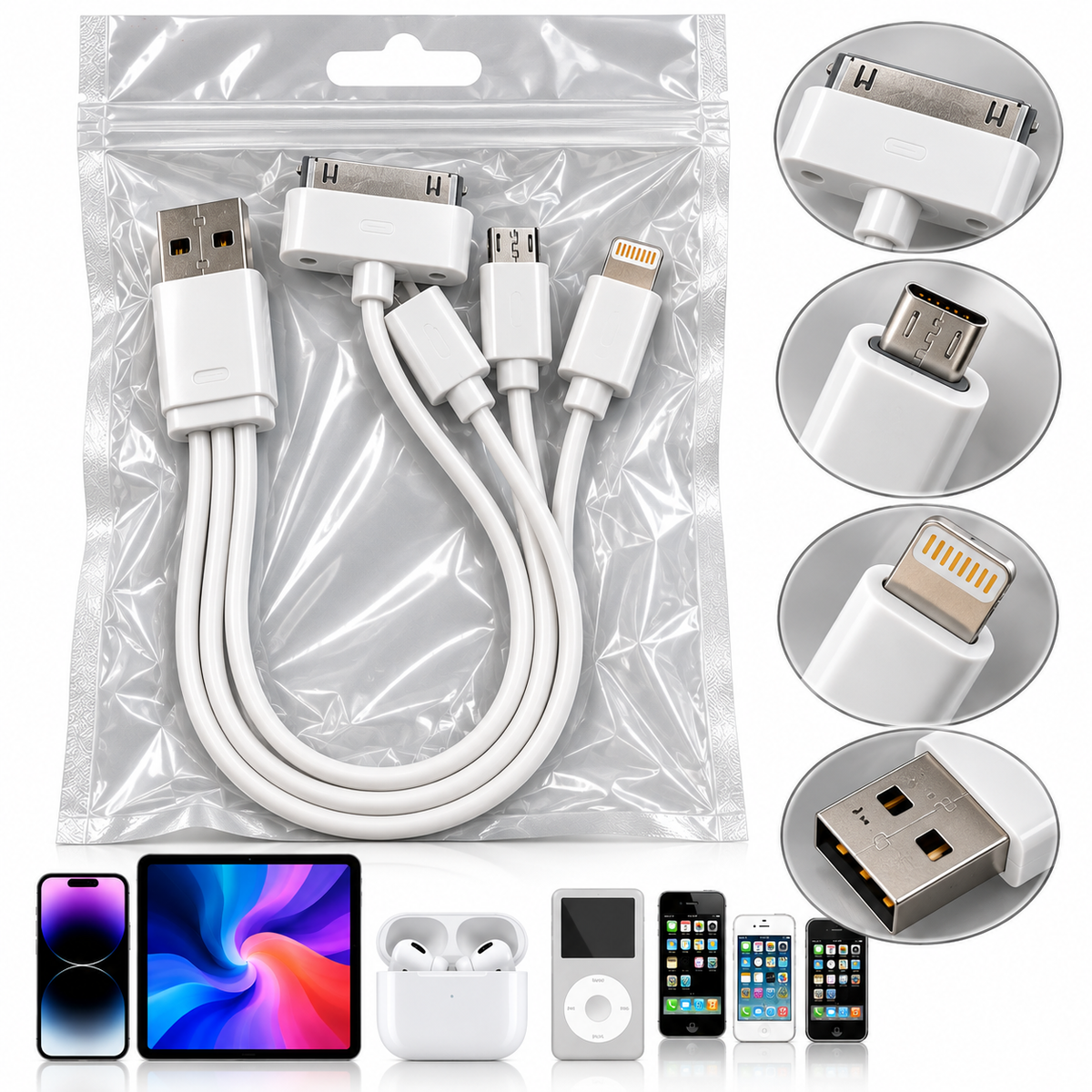 3-in-1 USB-Ladekabel – Lightning, Micro-USB & 30-Pin | Weiß