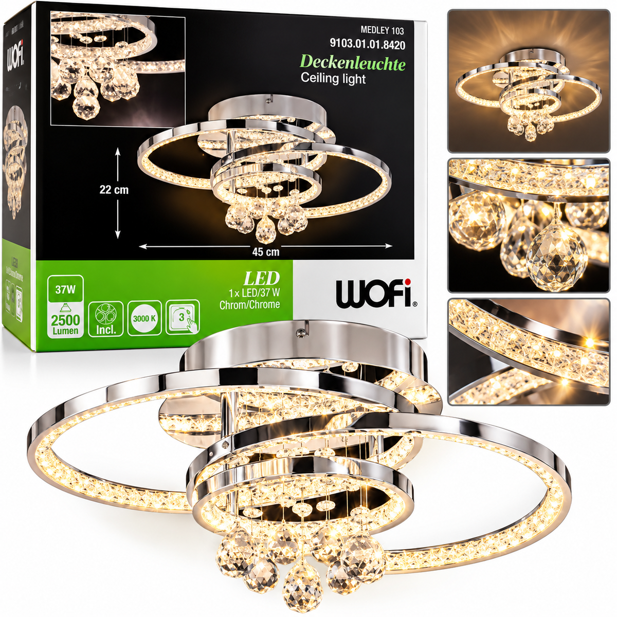 WOFI MEDLEY 103 LED-Deckenleuchte – Chrom mit Kristallanhängern – 37 W